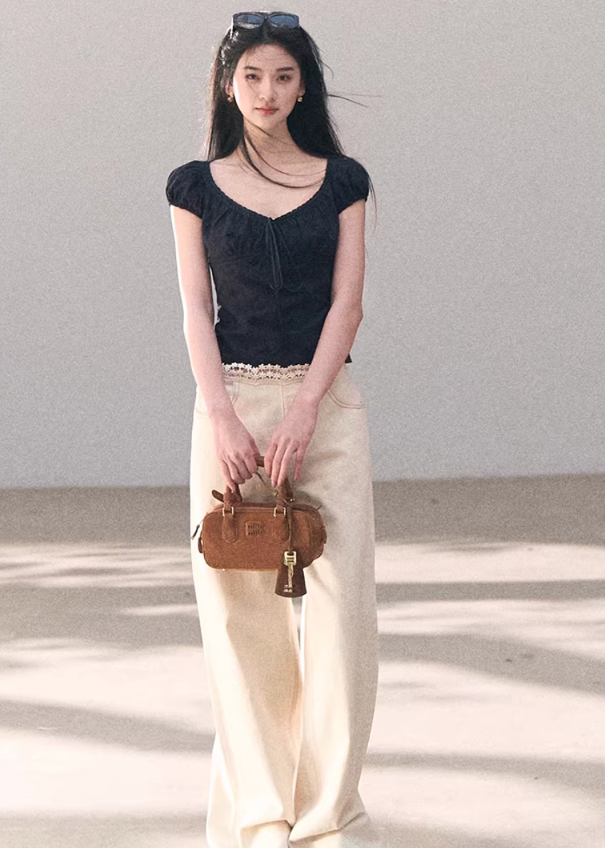 cotton lace top women, bubble sleeve top, korean fashion top, spring outfit ideas, casual spring outfits, slim fit cotton blouse, hollow lace top, feminine casual top, breathable cotton top, soft aesthetic outfit, modern feminine clothing, parisian style clothing, versatile everyday top, chic casual outfit, calm luxury fashion, lightweight summer top, effortless style blouse, refined casual wear, spring wardrobe essential, minimal feminine top
