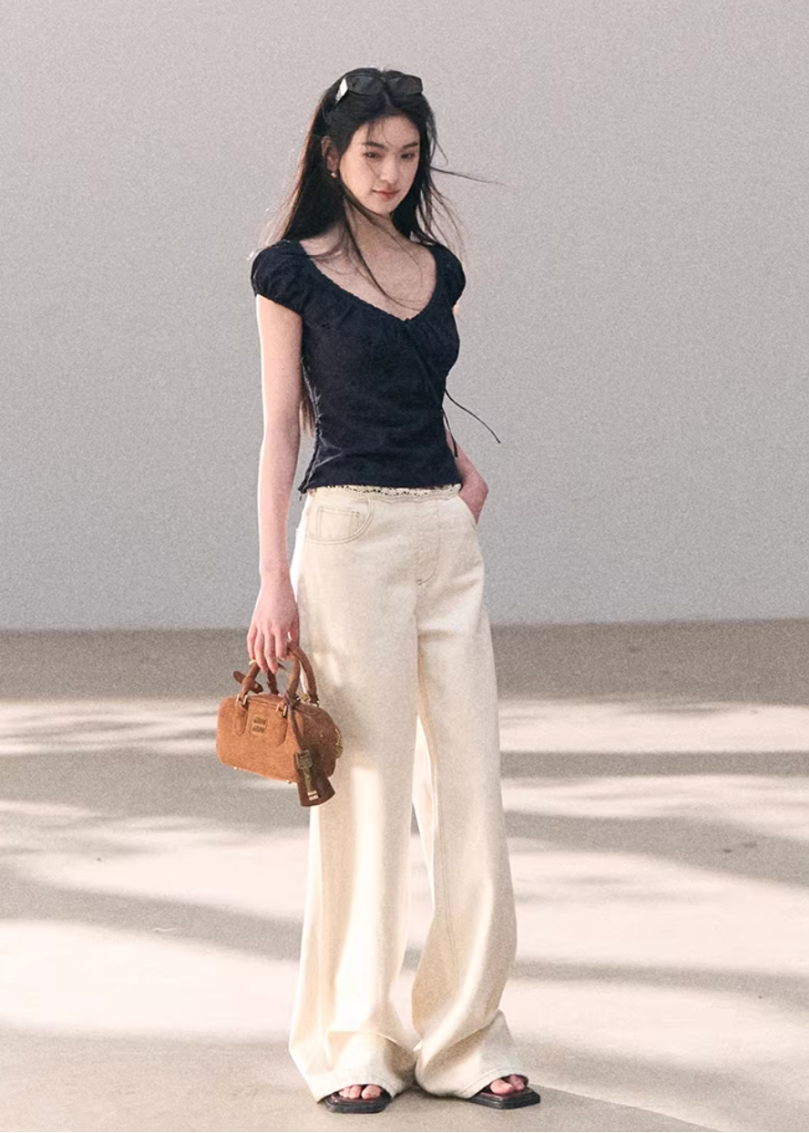 cotton lace top women, bubble sleeve top, korean fashion top, spring outfit ideas, casual spring outfits, slim fit cotton blouse, hollow lace top, feminine casual top, breathable cotton top, soft aesthetic outfit, modern feminine clothing, parisian style clothing, versatile everyday top, chic casual outfit, calm luxury fashion, lightweight summer top, effortless style blouse, refined casual wear, spring wardrobe essential, minimal feminine top