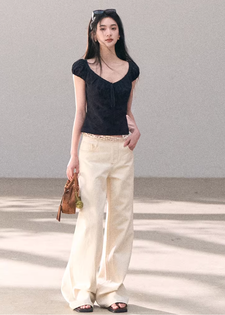 cotton lace top women, bubble sleeve top, korean fashion top, spring outfit ideas, casual spring outfits, slim fit cotton blouse, hollow lace top, feminine casual top, breathable cotton top, soft aesthetic outfit, modern feminine clothing, parisian style clothing, versatile everyday top, chic casual outfit, calm luxury fashion, lightweight summer top, effortless style blouse, refined casual wear, spring wardrobe essential, minimal feminine top