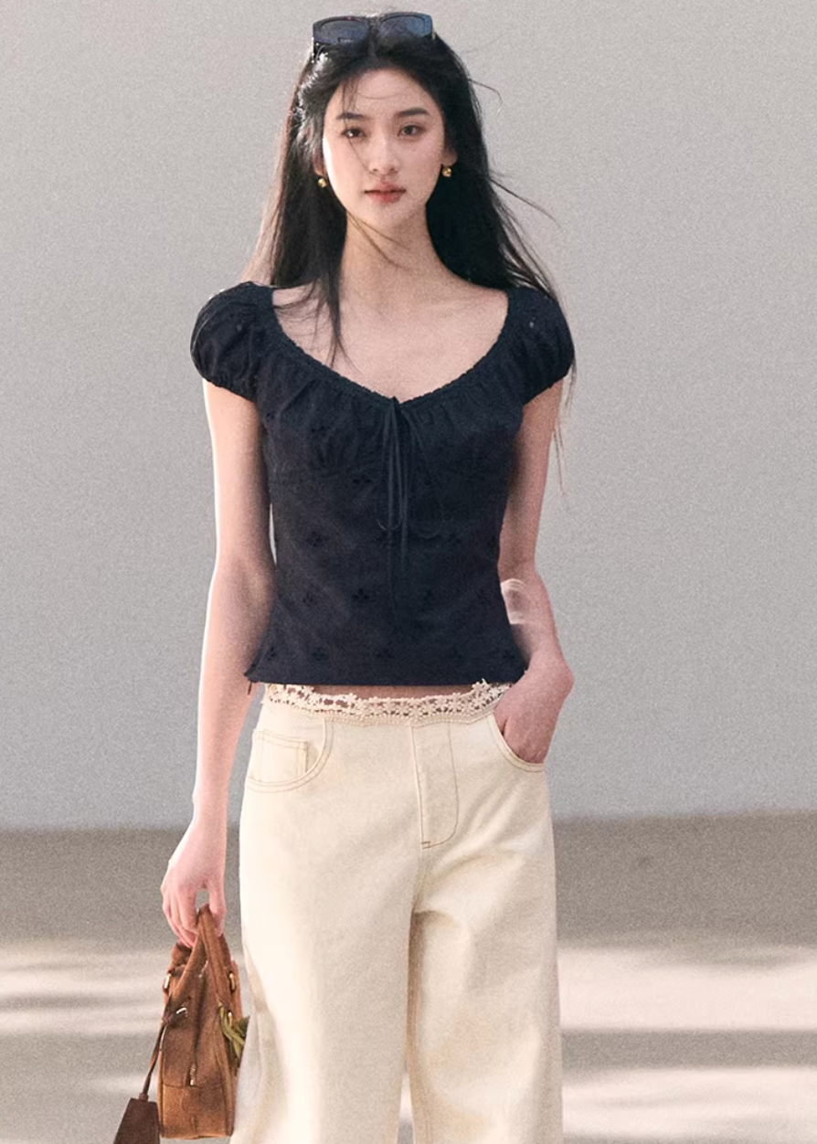 cotton lace top women, bubble sleeve top, korean fashion top, spring outfit ideas, casual spring outfits, slim fit cotton blouse, hollow lace top, feminine casual top, breathable cotton top, soft aesthetic outfit, modern feminine clothing, parisian style clothing, versatile everyday top, chic casual outfit, calm luxury fashion, lightweight summer top, effortless style blouse, refined casual wear, spring wardrobe essential, minimal feminine top
