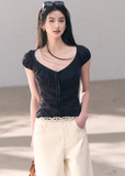 cotton lace top women, bubble sleeve top, korean fashion top, spring outfit ideas, casual spring outfits, slim fit cotton blouse, hollow lace top, feminine casual top, breathable cotton top, soft aesthetic outfit, modern feminine clothing, parisian style clothing, versatile everyday top, chic casual outfit, calm luxury fashion, lightweight summer top, effortless style blouse, refined casual wear, spring wardrobe essential, minimal feminine top