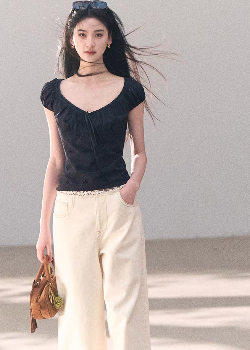 cotton lace top women, bubble sleeve top, korean fashion top, spring outfit ideas, casual spring outfits, slim fit cotton blouse, hollow lace top, feminine casual top, breathable cotton top, soft aesthetic outfit, modern feminine clothing, parisian style clothing, versatile everyday top, chic casual outfit, calm luxury fashion, lightweight summer top, effortless style blouse, refined casual wear, spring wardrobe essential, minimal feminine top