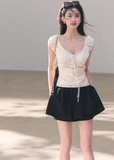cotton lace top women, bubble sleeve top, korean fashion top, spring outfit ideas, casual spring outfits, slim fit cotton blouse, hollow lace top, feminine casual top, breathable cotton top, soft aesthetic outfit, modern feminine clothing, parisian style clothing, versatile everyday top, chic casual outfit, calm luxury fashion, lightweight summer top, effortless style blouse, refined casual wear, spring wardrobe essential, minimal feminine top