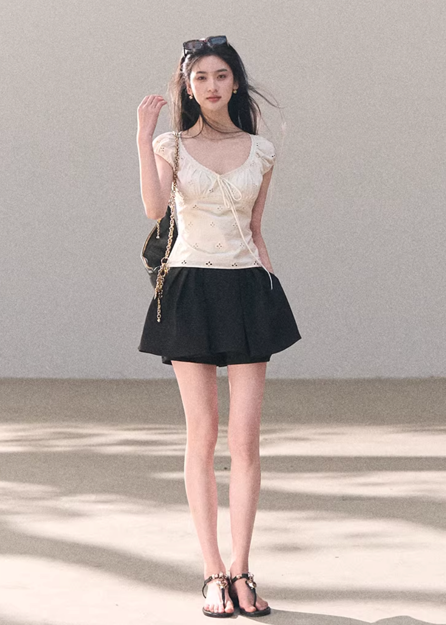 cotton lace top women, bubble sleeve top, korean fashion top, spring outfit ideas, casual spring outfits, slim fit cotton blouse, hollow lace top, feminine casual top, breathable cotton top, soft aesthetic outfit, modern feminine clothing, parisian style clothing, versatile everyday top, chic casual outfit, calm luxury fashion, lightweight summer top, effortless style blouse, refined casual wear, spring wardrobe essential, minimal feminine top