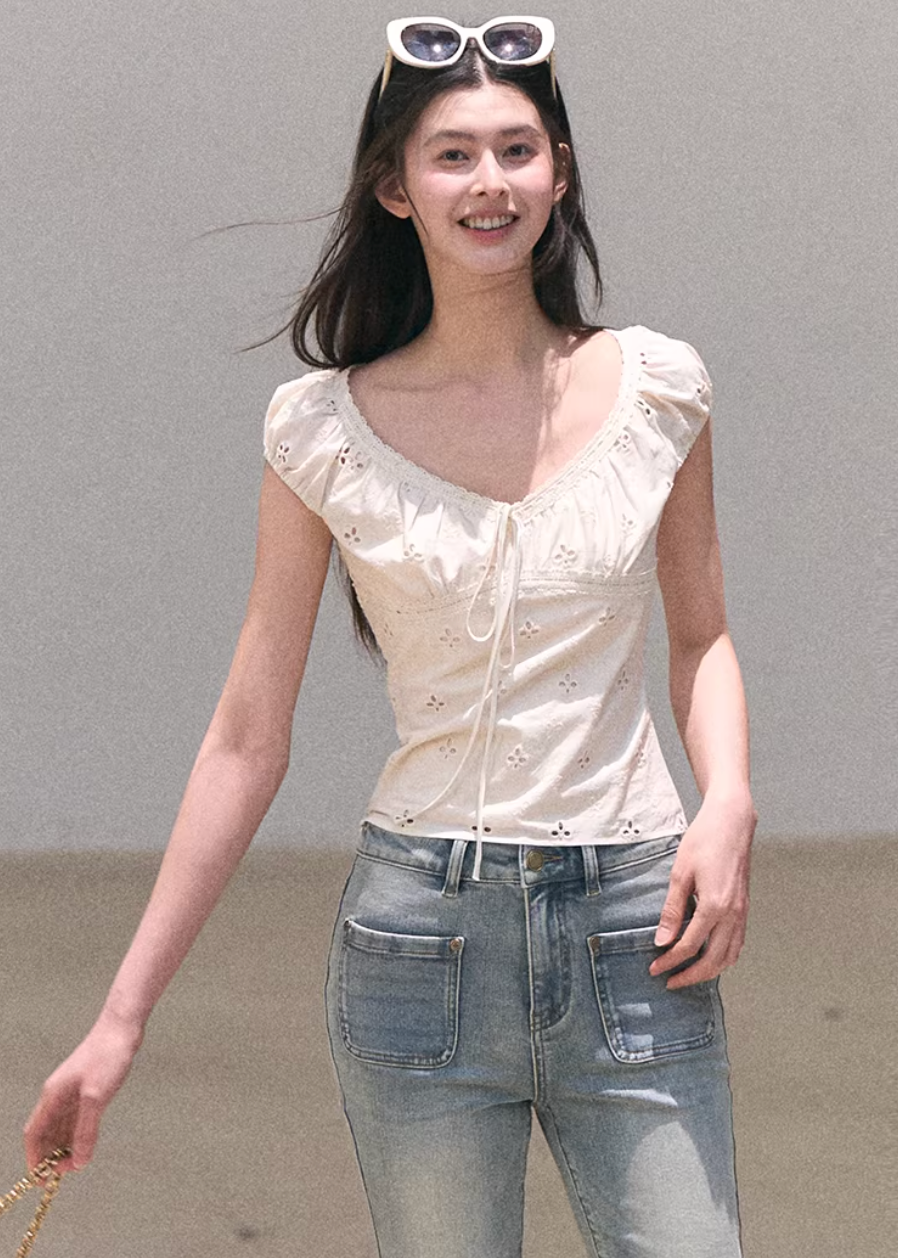 cotton lace top women, bubble sleeve top, korean fashion top, spring outfit ideas, casual spring outfits, slim fit cotton blouse, hollow lace top, feminine casual top, breathable cotton top, soft aesthetic outfit, modern feminine clothing, parisian style clothing, versatile everyday top, chic casual outfit, calm luxury fashion, lightweight summer top, effortless style blouse, refined casual wear, spring wardrobe essential, minimal feminine top