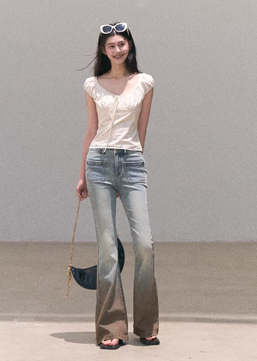cotton lace top women, bubble sleeve top, korean fashion top, spring outfit ideas, casual spring outfits, slim fit cotton blouse, hollow lace top, feminine casual top, breathable cotton top, soft aesthetic outfit, modern feminine clothing, parisian style clothing, versatile everyday top, chic casual outfit, calm luxury fashion, lightweight summer top, effortless style blouse, refined casual wear, spring wardrobe essential, minimal feminine top