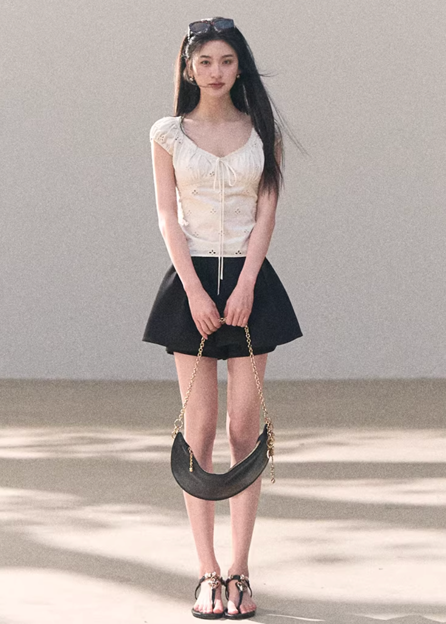 cotton lace top women, bubble sleeve top, korean fashion top, spring outfit ideas, casual spring outfits, slim fit cotton blouse, hollow lace top, feminine casual top, breathable cotton top, soft aesthetic outfit, modern feminine clothing, parisian style clothing, versatile everyday top, chic casual outfit, calm luxury fashion, lightweight summer top, effortless style blouse, refined casual wear, spring wardrobe essential, minimal feminine top