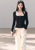 ribbed cardigan women, u neck knit top, korean fashion cardigan, spring outfit ideas, casual spring outfits, slim fit cardigan women, lightweight knitwear, button cardigan top, soft aesthetic outfit, modern feminine clothing, parisian style clothing, versatile layering top, chic everyday outfit, calm luxury fashion, breathable knit top, effortless style cardigan, refined casual wear, spring wardrobe essential, minimal knit top, fitted cardigan women