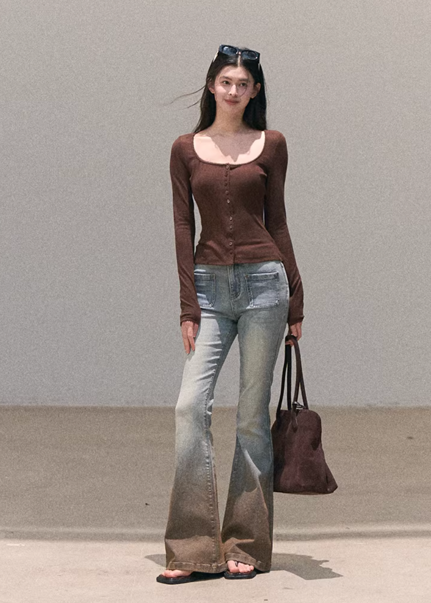 ribbed cardigan women, u neck knit top, korean fashion cardigan, spring outfit ideas, casual spring outfits, slim fit cardigan women, lightweight knitwear, button cardigan top, soft aesthetic outfit, modern feminine clothing, parisian style clothing, versatile layering top, chic everyday outfit, calm luxury fashion, breathable knit top, effortless style cardigan, refined casual wear, spring wardrobe essential, minimal knit top, fitted cardigan women