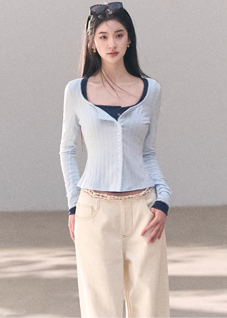 ribbed cardigan women, u neck knit top, korean fashion cardigan, spring outfit ideas, casual spring outfits, slim fit cardigan women, lightweight knitwear, button cardigan top, soft aesthetic outfit, modern feminine clothing, parisian style clothing, versatile layering top, chic everyday outfit, calm luxury fashion, breathable knit top, effortless style cardigan, refined casual wear, spring wardrobe essential, minimal knit top, fitted cardigan women