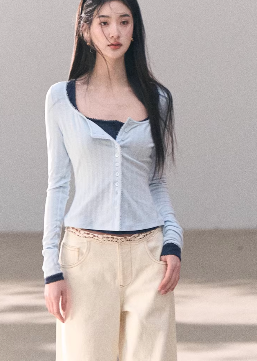 ribbed cardigan women, u neck knit top, korean fashion cardigan, spring outfit ideas, casual spring outfits, slim fit cardigan women, lightweight knitwear, button cardigan top, soft aesthetic outfit, modern feminine clothing, parisian style clothing, versatile layering top, chic everyday outfit, calm luxury fashion, breathable knit top, effortless style cardigan, refined casual wear, spring wardrobe essential, minimal knit top, fitted cardigan women