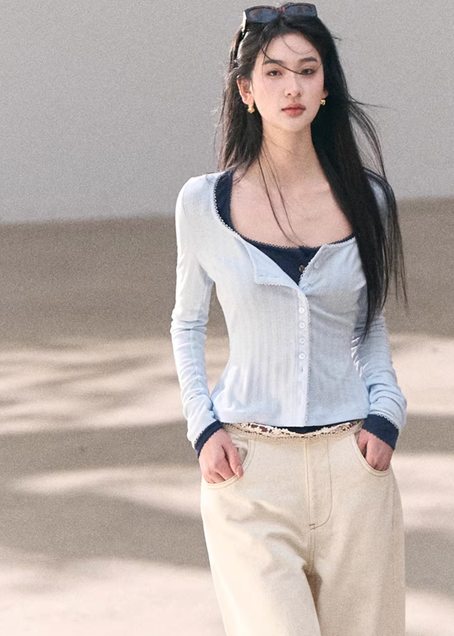 ribbed cardigan women, u neck knit top, korean fashion cardigan, spring outfit ideas, casual spring outfits, slim fit cardigan women, lightweight knitwear, button cardigan top, soft aesthetic outfit, modern feminine clothing, parisian style clothing, versatile layering top, chic everyday outfit, calm luxury fashion, breathable knit top, effortless style cardigan, refined casual wear, spring wardrobe essential, minimal knit top, fitted cardigan women