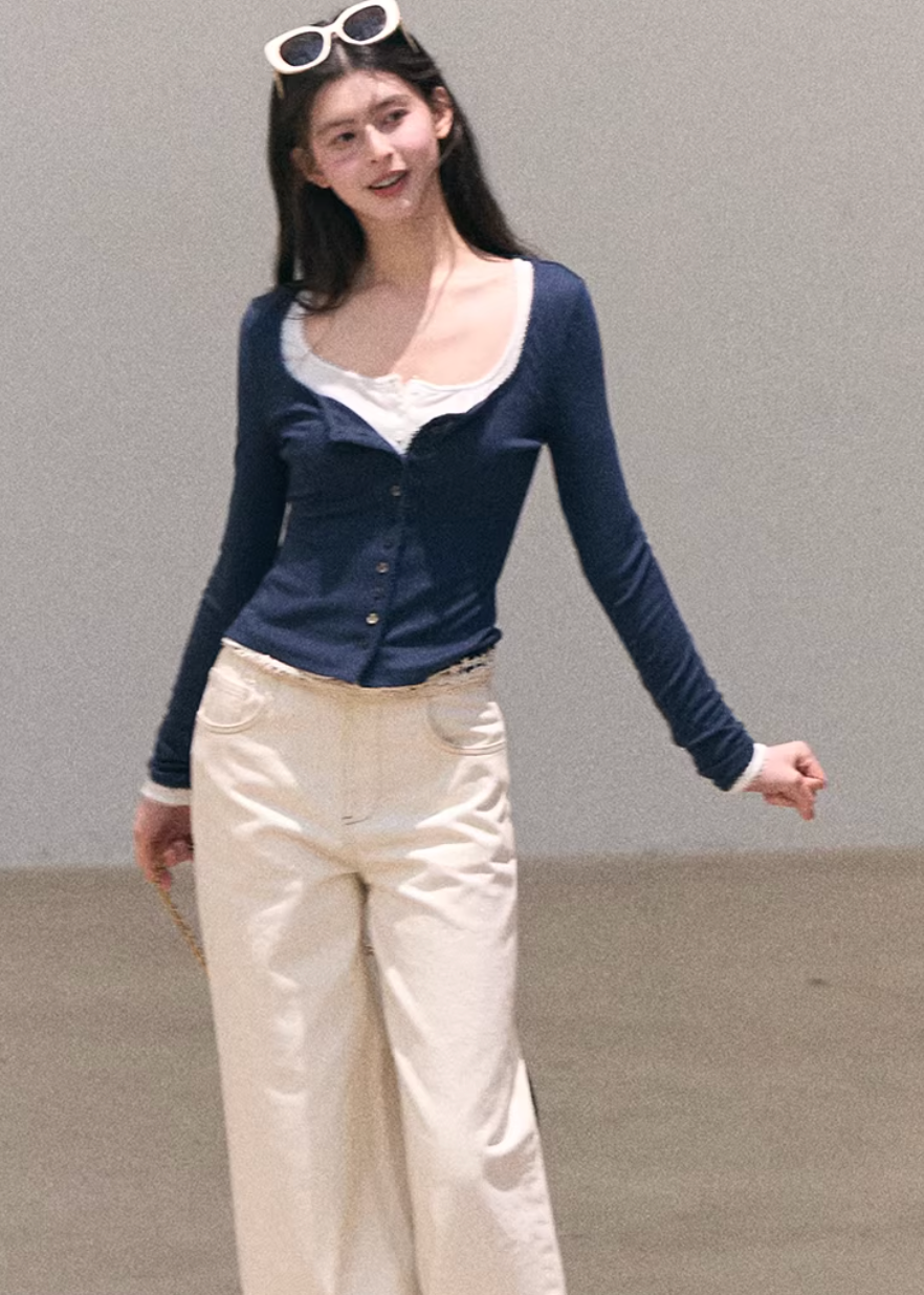 ribbed cardigan women, u neck knit top, korean fashion cardigan, spring outfit ideas, casual spring outfits, slim fit cardigan women, lightweight knitwear, button cardigan top, soft aesthetic outfit, modern feminine clothing, parisian style clothing, versatile layering top, chic everyday outfit, calm luxury fashion, breathable knit top, effortless style cardigan, refined casual wear, spring wardrobe essential, minimal knit top, fitted cardigan women