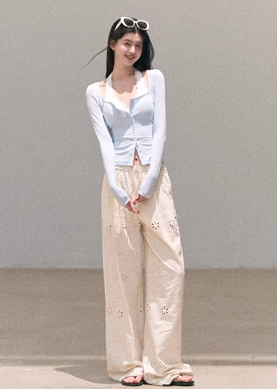 wide leg cotton pants women, embroidered pants women, korean fashion pants, spring outfit ideas, casual spring outfits, resort outfit women, loose fit trousers women, breathable cotton pants, soft aesthetic outfit, modern feminine clothing, parisian style clothing, versatile casual pants, chic everyday outfit, calm luxury fashion, lightweight summer pants, effortless style trousers, natural fabric pants, spring wardrobe bottoms, relaxed fit wide pants, bohemian style pants