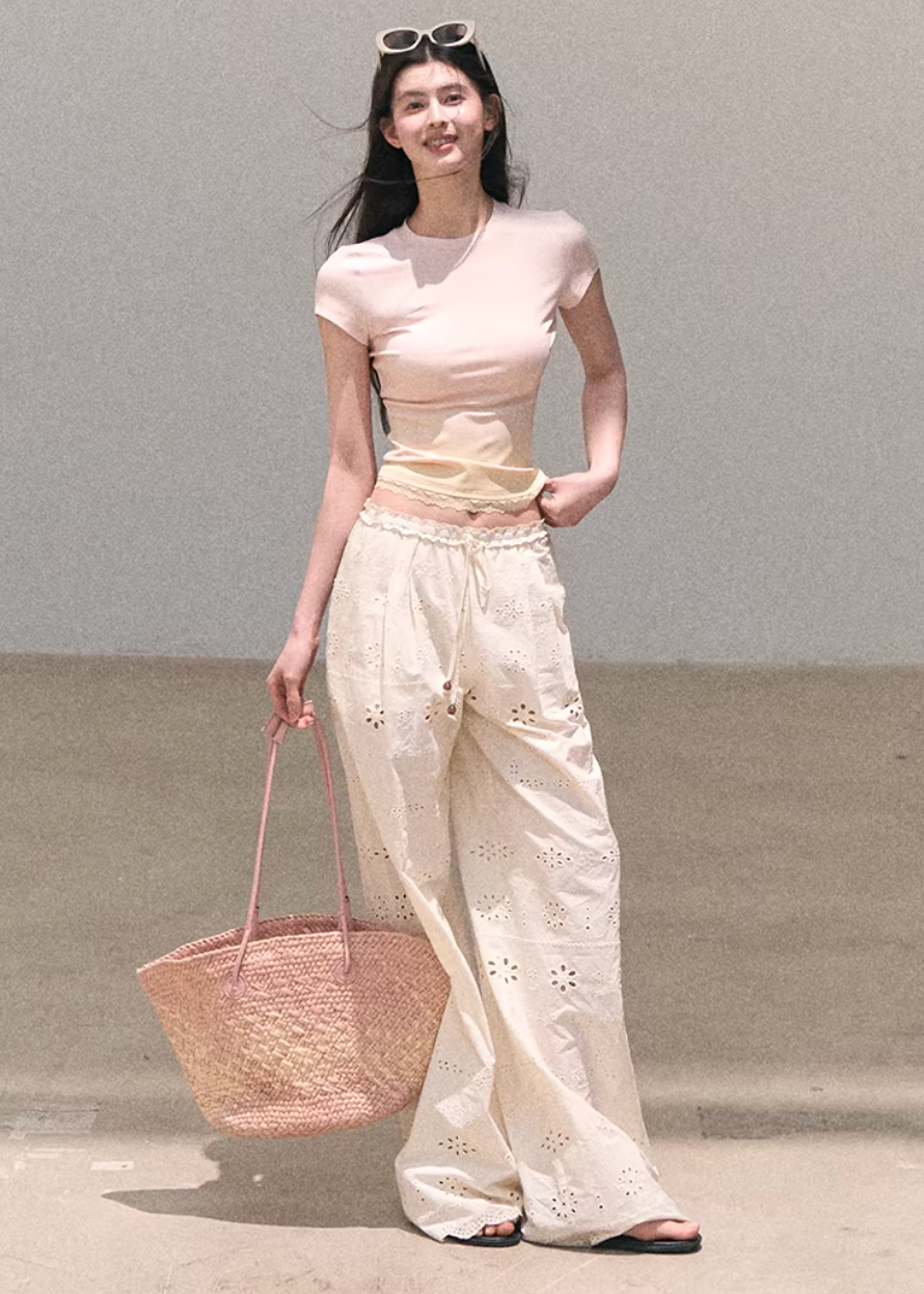 wide leg cotton pants women, embroidered pants women, korean fashion pants, spring outfit ideas, casual spring outfits, resort outfit women, loose fit trousers women, breathable cotton pants, soft aesthetic outfit, modern feminine clothing, parisian style clothing, versatile casual pants, chic everyday outfit, calm luxury fashion, lightweight summer pants, effortless style trousers, natural fabric pants, spring wardrobe bottoms, relaxed fit wide pants, bohemian style pants