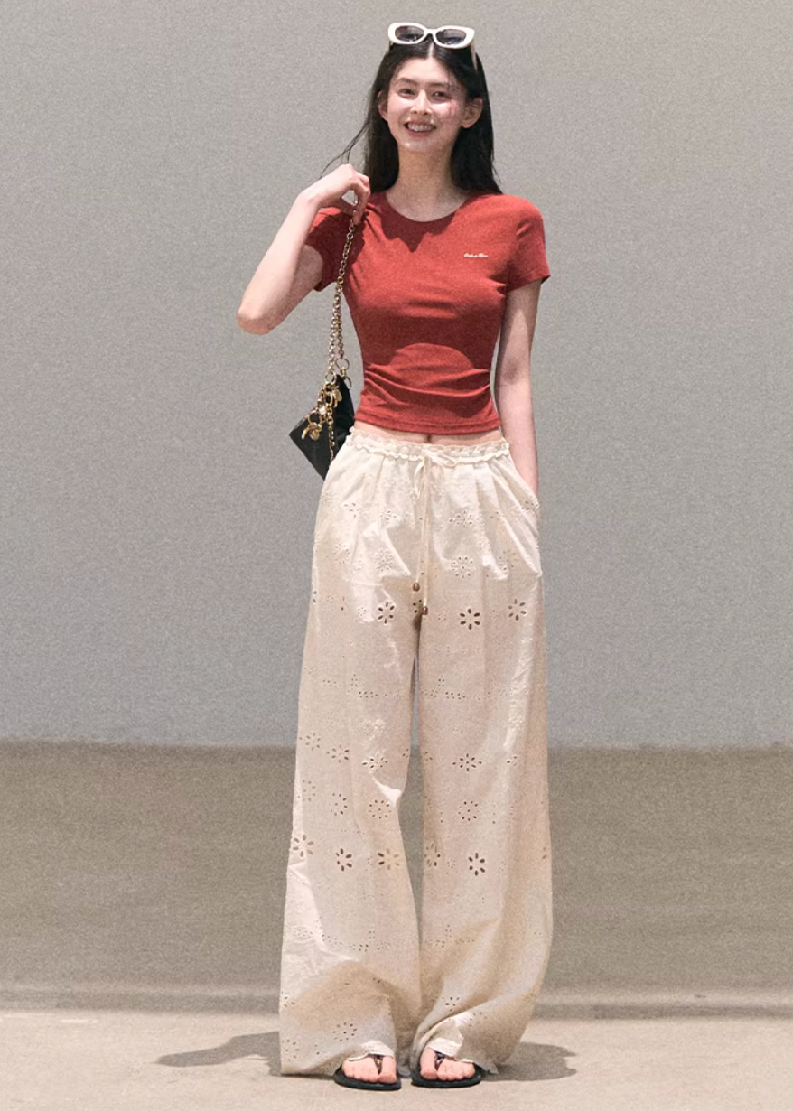 wide leg cotton pants women, embroidered pants women, korean fashion pants, spring outfit ideas, casual spring outfits, resort outfit women, loose fit trousers women, breathable cotton pants, soft aesthetic outfit, modern feminine clothing, parisian style clothing, versatile casual pants, chic everyday outfit, calm luxury fashion, lightweight summer pants, effortless style trousers, natural fabric pants, spring wardrobe bottoms, relaxed fit wide pants, bohemian style pants
