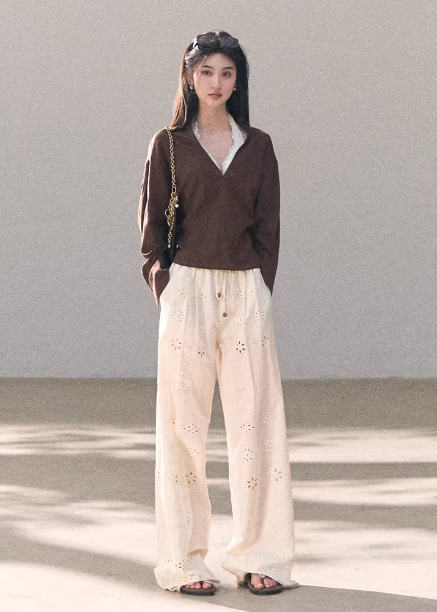 wide leg cotton pants women, embroidered pants women, korean fashion pants, spring outfit ideas, casual spring outfits, resort outfit women, loose fit trousers women, breathable cotton pants, soft aesthetic outfit, modern feminine clothing, parisian style clothing, versatile casual pants, chic everyday outfit, calm luxury fashion, lightweight summer pants, effortless style trousers, natural fabric pants, spring wardrobe bottoms, relaxed fit wide pants, bohemian style pants