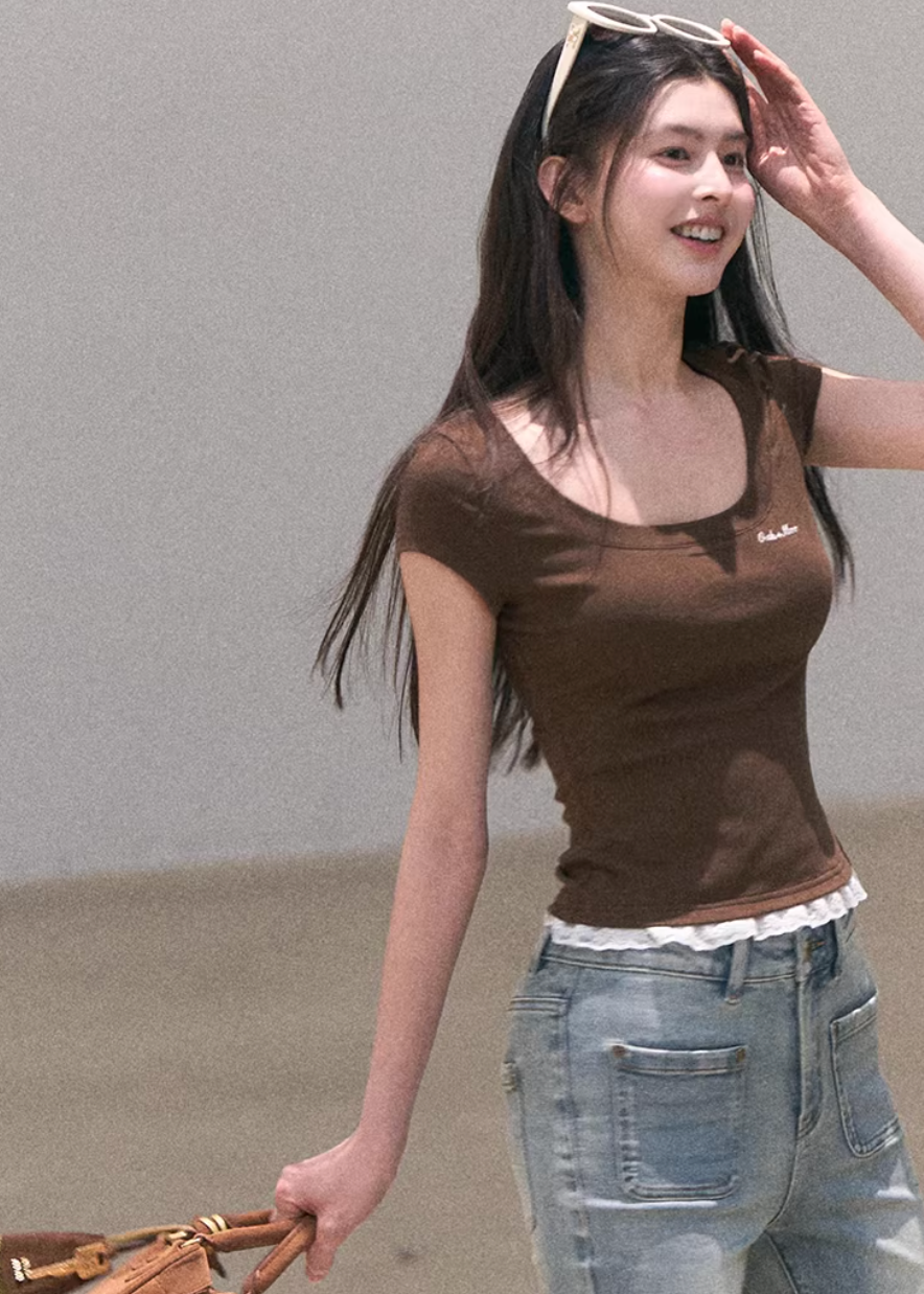 lace t shirt women, layered lace top, korean fashion top, spring outfit ideas, casual spring outfits, slim fit t shirt women, minimalist lace top, breathable cotton top, soft aesthetic outfit, modern feminine clothing, parisian style clothing, versatile everyday top, chic casual outfit, calm luxury fashion, lightweight summer top, effortless style blouse, refined casual wear, spring wardrobe essential, fitted lace top, minimal feminine clothing