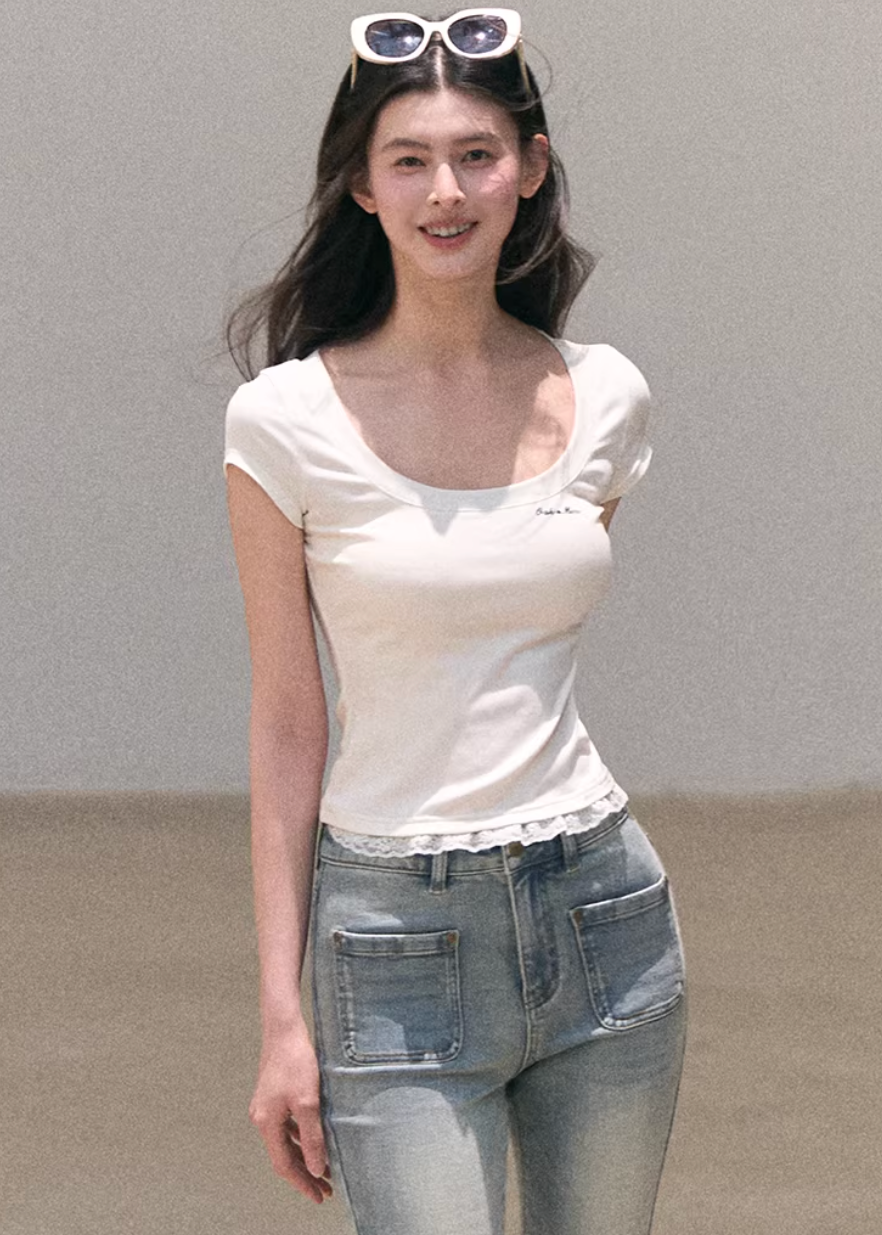 lace t shirt women, layered lace top, korean fashion top, spring outfit ideas, casual spring outfits, slim fit t shirt women, minimalist lace top, breathable cotton top, soft aesthetic outfit, modern feminine clothing, parisian style clothing, versatile everyday top, chic casual outfit, calm luxury fashion, lightweight summer top, effortless style blouse, refined casual wear, spring wardrobe essential, fitted lace top, minimal feminine clothing