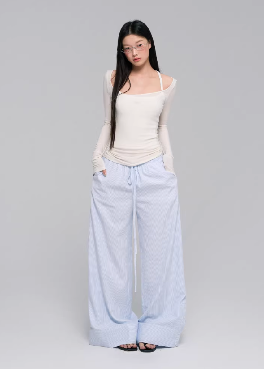 striped pants set women, layered outfit set, korean fashion set, summer outfit ideas, casual summer outfits, wide leg striped pants, knit camisole set, aesthetic fashion outfit, soft girl aesthetic outfit, modern feminine clothing, parisian style clothing, versatile summer outfit, chic everyday outfit, lightweight summer set, breathable outfit women, relaxed fit pants women, effortless style set, minimal summer outfit, comfy summer outfit, travel outfit women