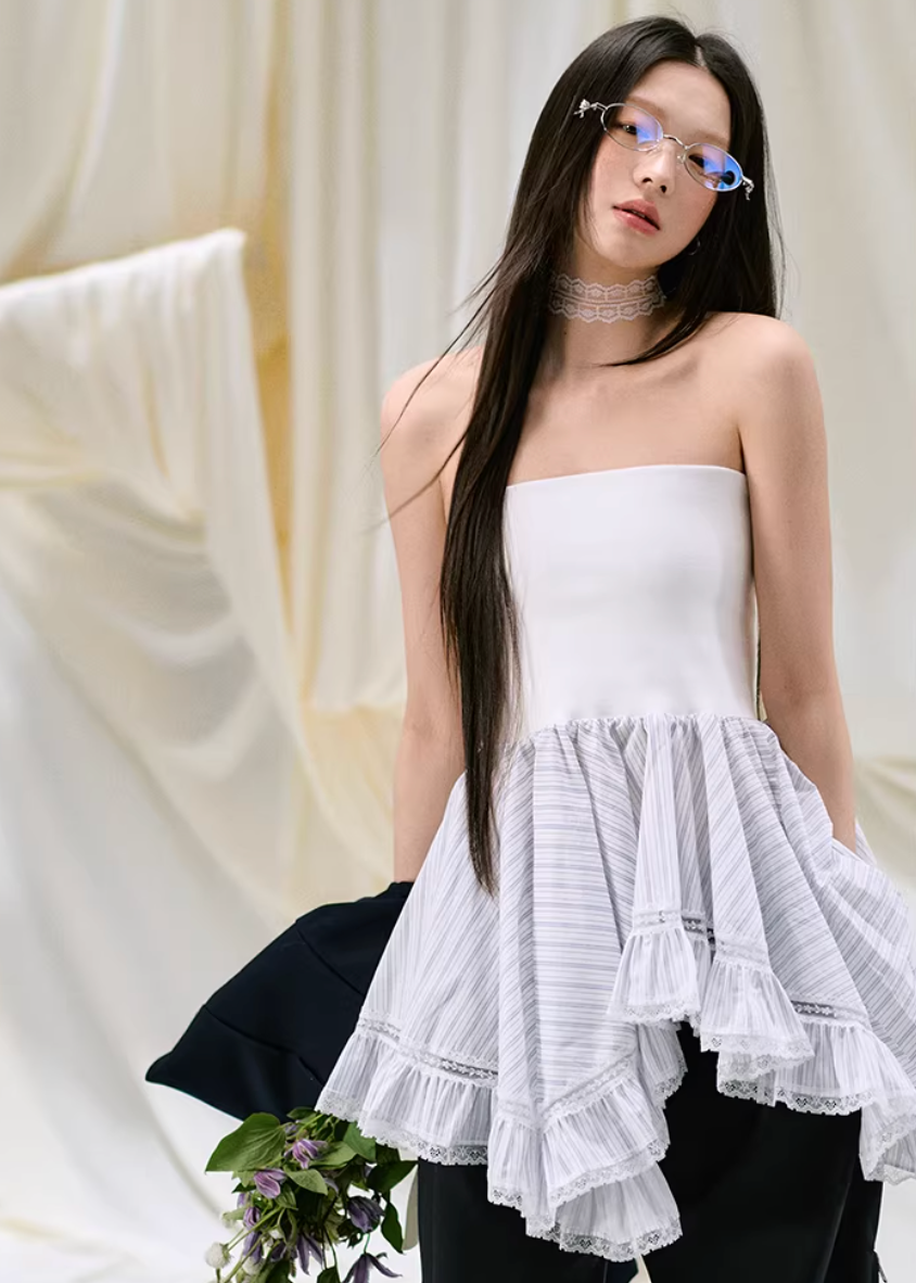 bandeau top women, lace patchwork top, korean fashion top, brunch outfit, brunch outfit ideas, summer outfit ideas, strapless top women, aesthetic fashion top, modern feminine clothing, parisian style clothing, versatile summer top, chic going out top, lightweight summer blouse, soft girl aesthetic outfit, romantic lace top, stylish summer outfit, feminine outfit top, irregular hem top, cute summer top, trendy going out top