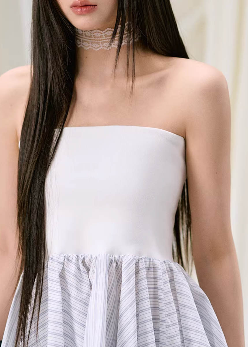 bandeau top women, lace patchwork top, korean fashion top, brunch outfit, brunch outfit ideas, summer outfit ideas, strapless top women, aesthetic fashion top, modern feminine clothing, parisian style clothing, versatile summer top, chic going out top, lightweight summer blouse, soft girl aesthetic outfit, romantic lace top, stylish summer outfit, feminine outfit top, irregular hem top, cute summer top, trendy going out top