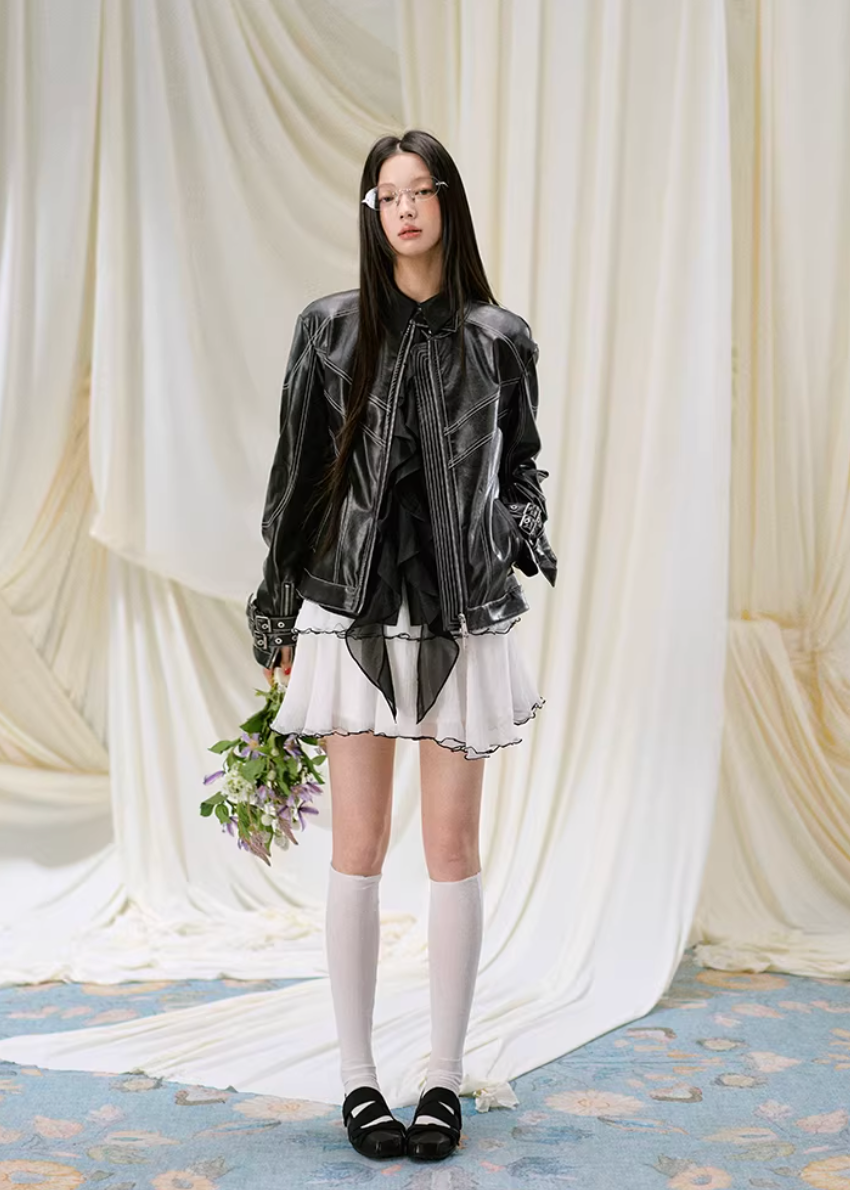 leather jacket women, biker jacket women, korean fashion outerwear, brunch outfit ideas, summer outfit ideas, pu leather jacket, vintage style jacket women, aesthetic fashion outfit, modern feminine clothing, parisian style clothing, versatile layering jacket, chic casual outfit, lightweight leather jacket, soft girl aesthetic outfit, edgy feminine outfit, spring wardrobe jacket, minimal style outerwear, everyday fashion jacket, stylish outerwear women, fashion forward jacket