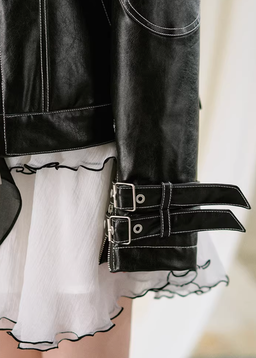 leather jacket women, biker jacket women, korean fashion outerwear, brunch outfit ideas, summer outfit ideas, pu leather jacket, vintage style jacket women, aesthetic fashion outfit, modern feminine clothing, parisian style clothing, versatile layering jacket, chic casual outfit, lightweight leather jacket, soft girl aesthetic outfit, edgy feminine outfit, spring wardrobe jacket, minimal style outerwear, everyday fashion jacket, stylish outerwear women, fashion forward jacket