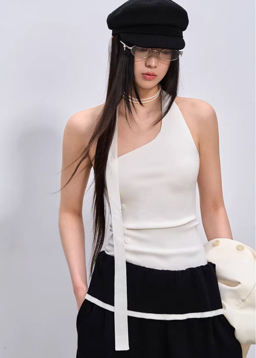 halter neck top women, knit halter top, korean fashion top, summer outfit ideas, brunch outfit ideas, slim fit knit top, aesthetic fashion top, modern feminine clothing, parisian style clothing, versatile summer top, chic going out top, lightweight knitwear, soft girl aesthetic outfit, minimal style top, trendy summer top, fitted halter top, casual summer outfit, stylish basic top, feminine outfit top, breathable knit top