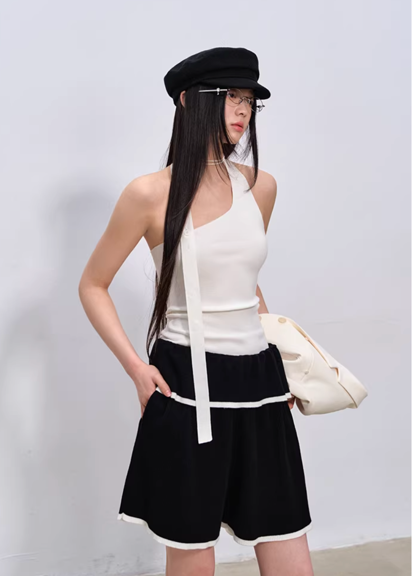 halter neck top women, knit halter top, korean fashion top, summer outfit ideas, brunch outfit ideas, slim fit knit top, aesthetic fashion top, modern feminine clothing, parisian style clothing, versatile summer top, chic going out top, lightweight knitwear, soft girl aesthetic outfit, minimal style top, trendy summer top, fitted halter top, casual summer outfit, stylish basic top, feminine outfit top, breathable knit top