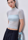 high neck t shirt women, mesh patchwork top, korean fashion top, summer outfit ideas, outfit ideas summer, slim fit t shirt women, lyocell top women, aesthetic fashion top, modern feminine clothing, parisian style clothing, versatile everyday top, chic casual outfit, lightweight summer top, sheer panel top women, minimal style top, refined casual wear, fitted tee women, stylish basic top, breathable fabric top, trendy summer top