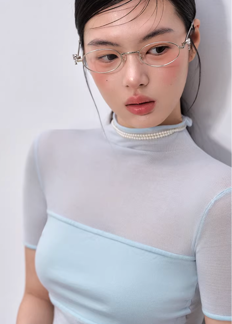 high neck t shirt women, mesh patchwork top, korean fashion top, summer outfit ideas, outfit ideas summer, slim fit t shirt women, lyocell top women, aesthetic fashion top, modern feminine clothing, parisian style clothing, versatile everyday top, chic casual outfit, lightweight summer top, sheer panel top women, minimal style top, refined casual wear, fitted tee women, stylish basic top, breathable fabric top, trendy summer top