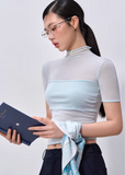 high neck t shirt women, mesh patchwork top, korean fashion top, summer outfit ideas, outfit ideas summer, slim fit t shirt women, lyocell top women, aesthetic fashion top, modern feminine clothing, parisian style clothing, versatile everyday top, chic casual outfit, lightweight summer top, sheer panel top women, minimal style top, refined casual wear, fitted tee women, stylish basic top, breathable fabric top, trendy summer top
