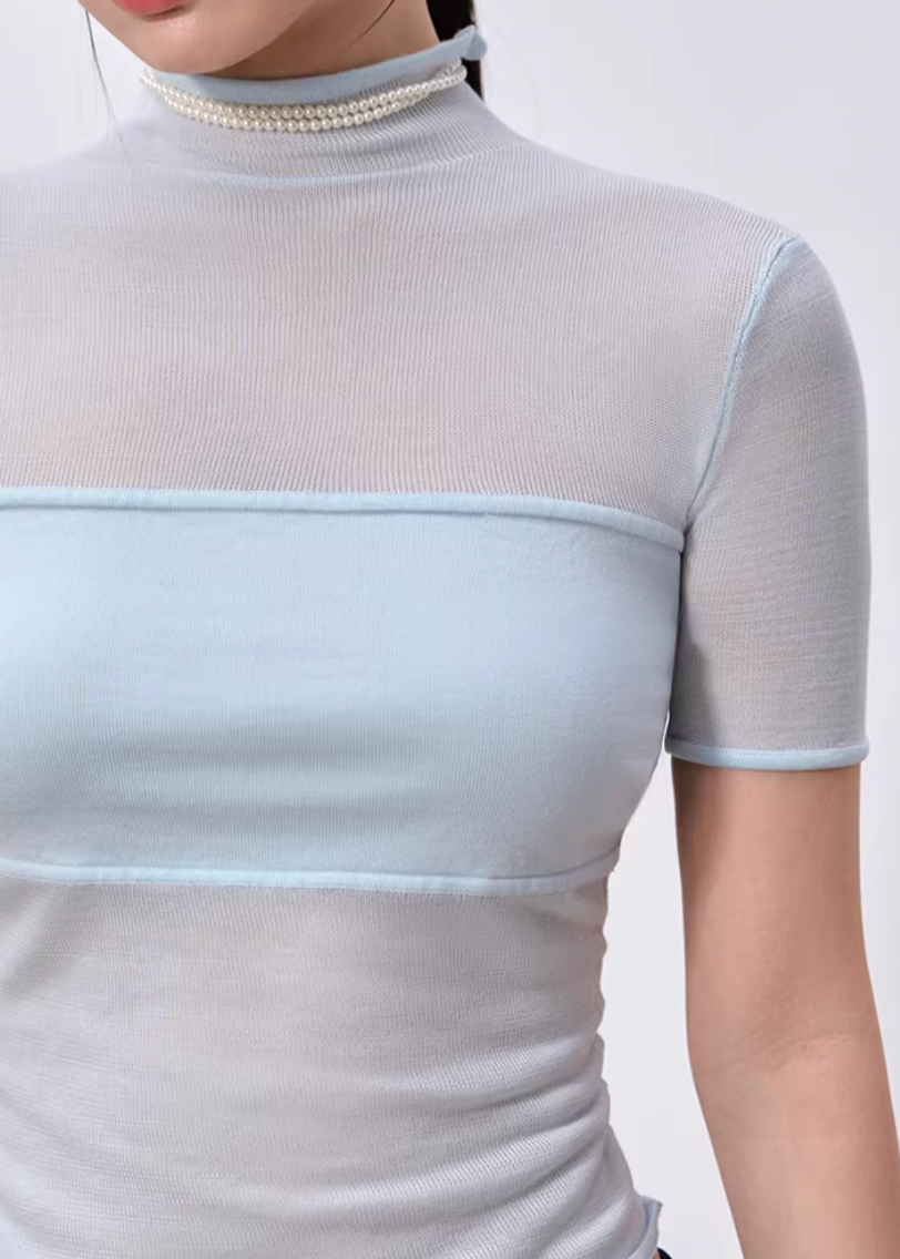 high neck t shirt women, mesh patchwork top, korean fashion top, summer outfit ideas, outfit ideas summer, slim fit t shirt women, lyocell top women, aesthetic fashion top, modern feminine clothing, parisian style clothing, versatile everyday top, chic casual outfit, lightweight summer top, sheer panel top women, minimal style top, refined casual wear, fitted tee women, stylish basic top, breathable fabric top, trendy summer top