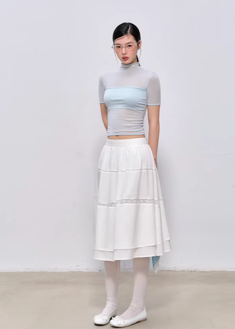 high neck t shirt women, mesh patchwork top, korean fashion top, summer outfit ideas, outfit ideas summer, slim fit t shirt women, lyocell top women, aesthetic fashion top, modern feminine clothing, parisian style clothing, versatile everyday top, chic casual outfit, lightweight summer top, sheer panel top women, minimal style top, refined casual wear, fitted tee women, stylish basic top, breathable fabric top, trendy summer top