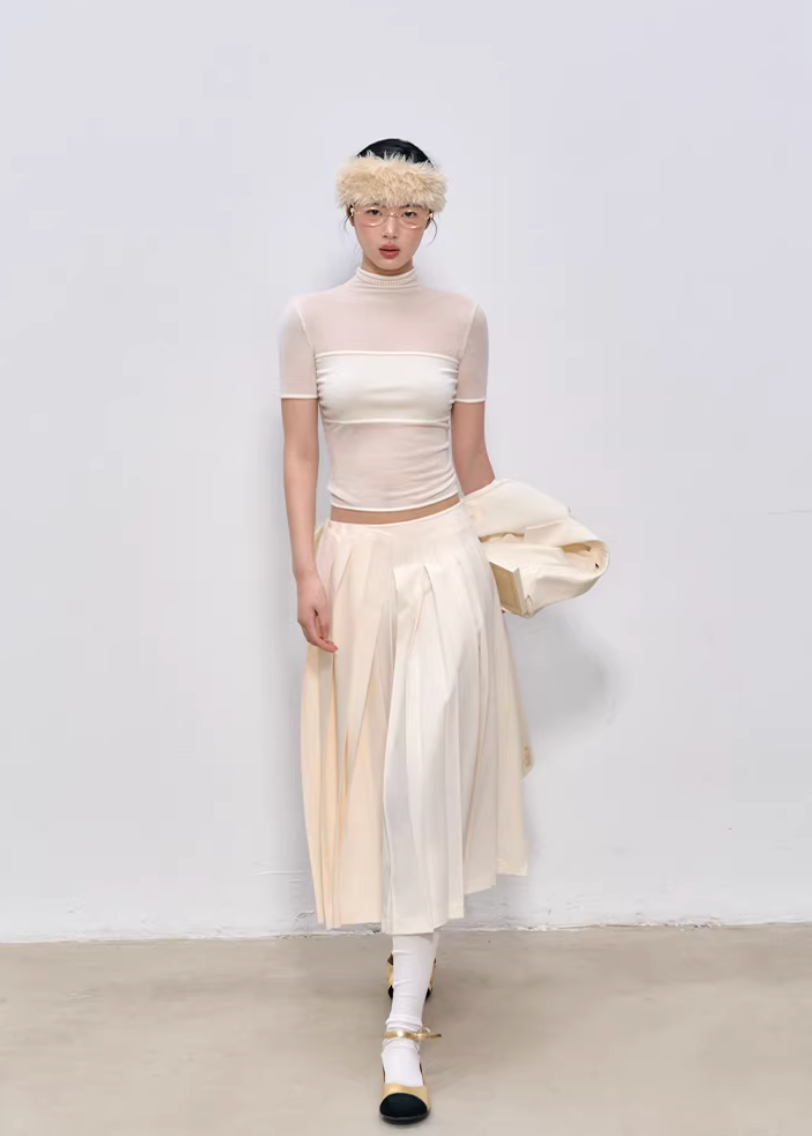 high neck t shirt women, mesh patchwork top, korean fashion top, summer outfit ideas, outfit ideas summer, slim fit t shirt women, lyocell top women, aesthetic fashion top, modern feminine clothing, parisian style clothing, versatile everyday top, chic casual outfit, lightweight summer top, sheer panel top women, minimal style top, refined casual wear, fitted tee women, stylish basic top, breathable fabric top, trendy summer top