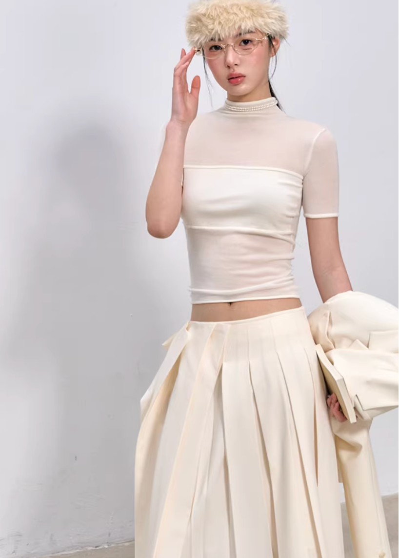 high neck t shirt women, mesh patchwork top, korean fashion top, summer outfit ideas, outfit ideas summer, slim fit t shirt women, lyocell top women, aesthetic fashion top, modern feminine clothing, parisian style clothing, versatile everyday top, chic casual outfit, lightweight summer top, sheer panel top women, minimal style top, refined casual wear, fitted tee women, stylish basic top, breathable fabric top, trendy summer top