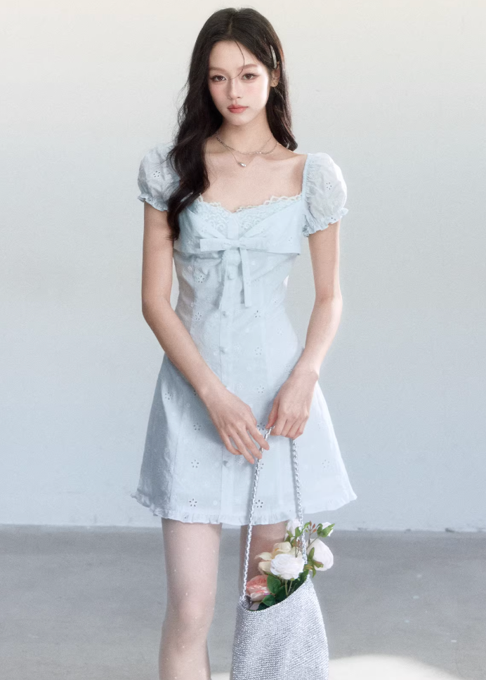 tulip field outfit, flower field outfit, summer 2026 outfits, lace dress women, korean feminine dress, soft girl outfit, romantic dress women, embroidery lace dress, light blue dress outfit, aesthetic fashion dress, feminine korean fashion, spring outfits for women, dreamy outfit women, coquette outfit dress, vacation outfit ideas, elegant summer dress, soft aesthetic clothing, slim fit dress women, korean style dress, delicate summer dress
