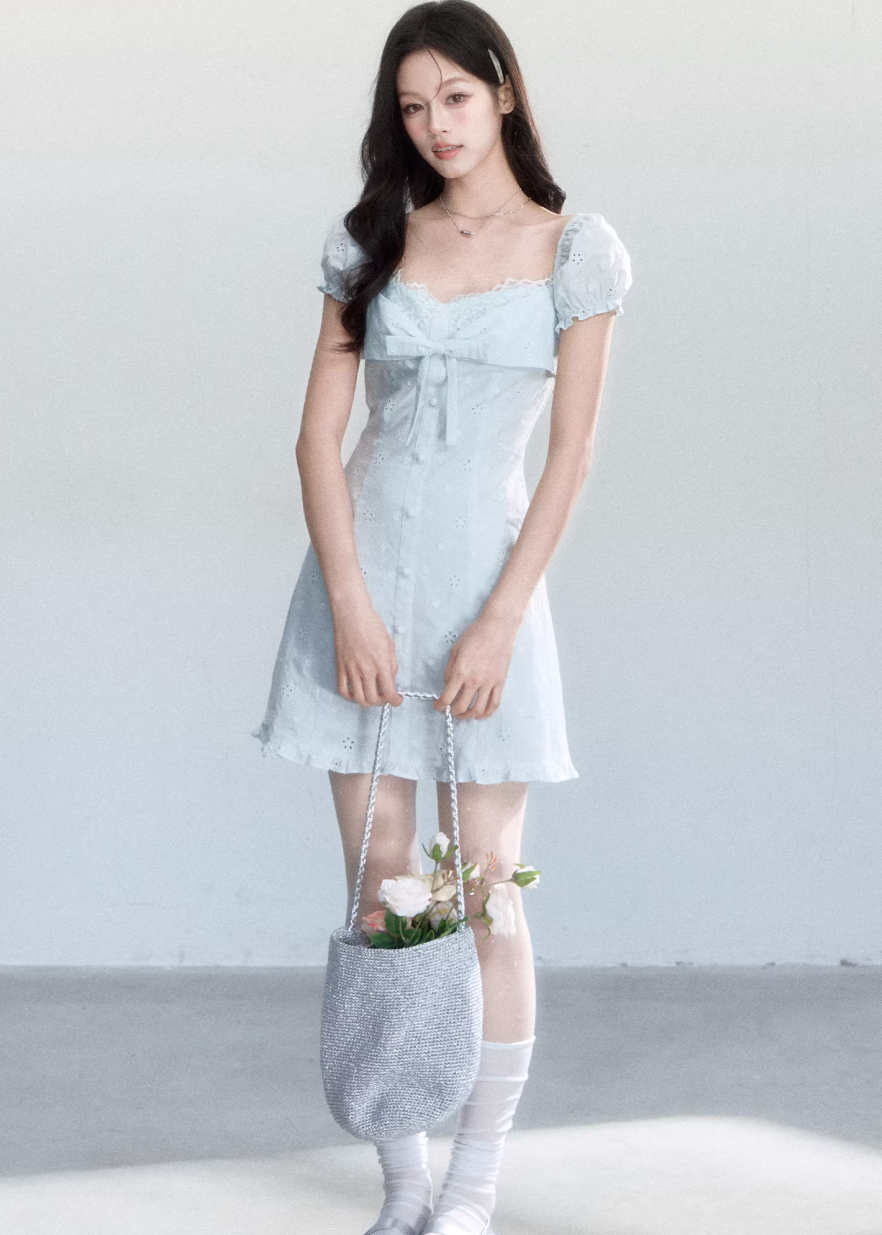 tulip field outfit, flower field outfit, summer 2026 outfits, lace dress women, korean feminine dress, soft girl outfit, romantic dress women, embroidery lace dress, light blue dress outfit, aesthetic fashion dress, feminine korean fashion, spring outfits for women, dreamy outfit women, coquette outfit dress, vacation outfit ideas, elegant summer dress, soft aesthetic clothing, slim fit dress women, korean style dress, delicate summer dress