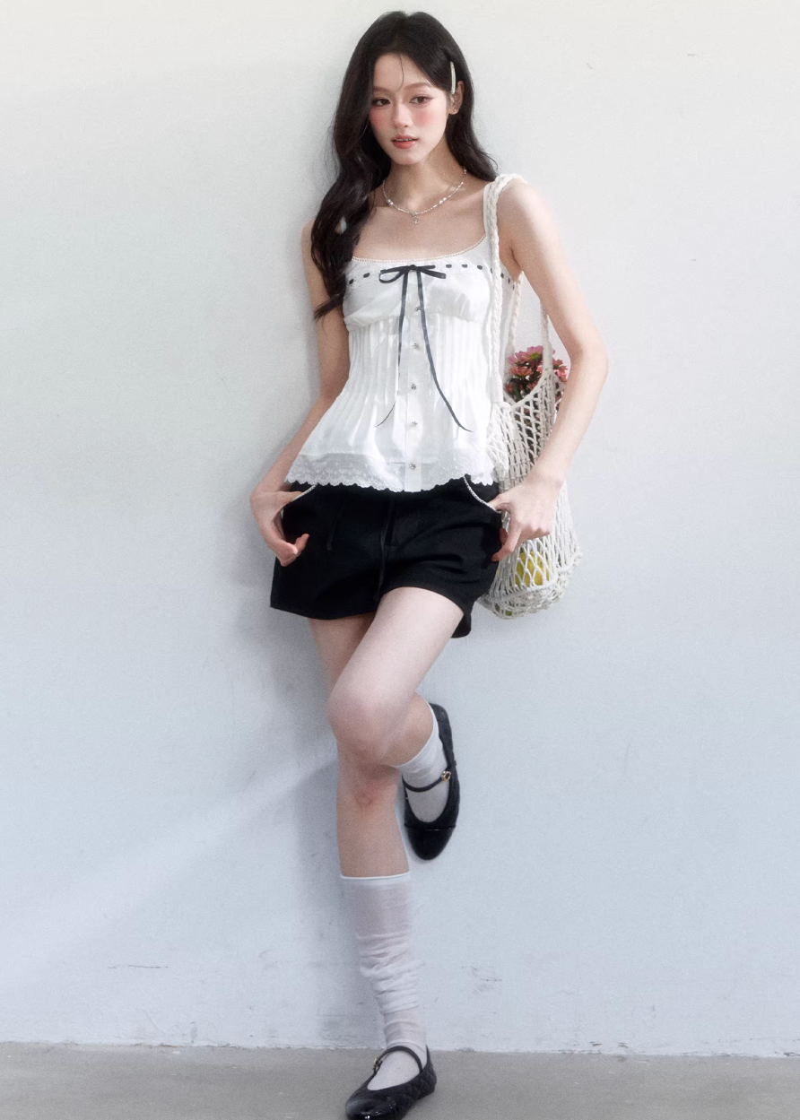 spring brunch outfit, brunch outfit ideas, two piece set women, lace camisole set, korean feminine outfit, coquette outfit, soft girl outfit, layered outfit women, black and white outfit, aesthetic fashion outfit, feminine korean fashion, casual spring outfits women, cute everyday outfit, romantic casual outfit, lightweight summer outfit, stylish two piece outfit, soft aesthetic clothing, date outfit women, trendy korean fashion, delicate feminine outfit

