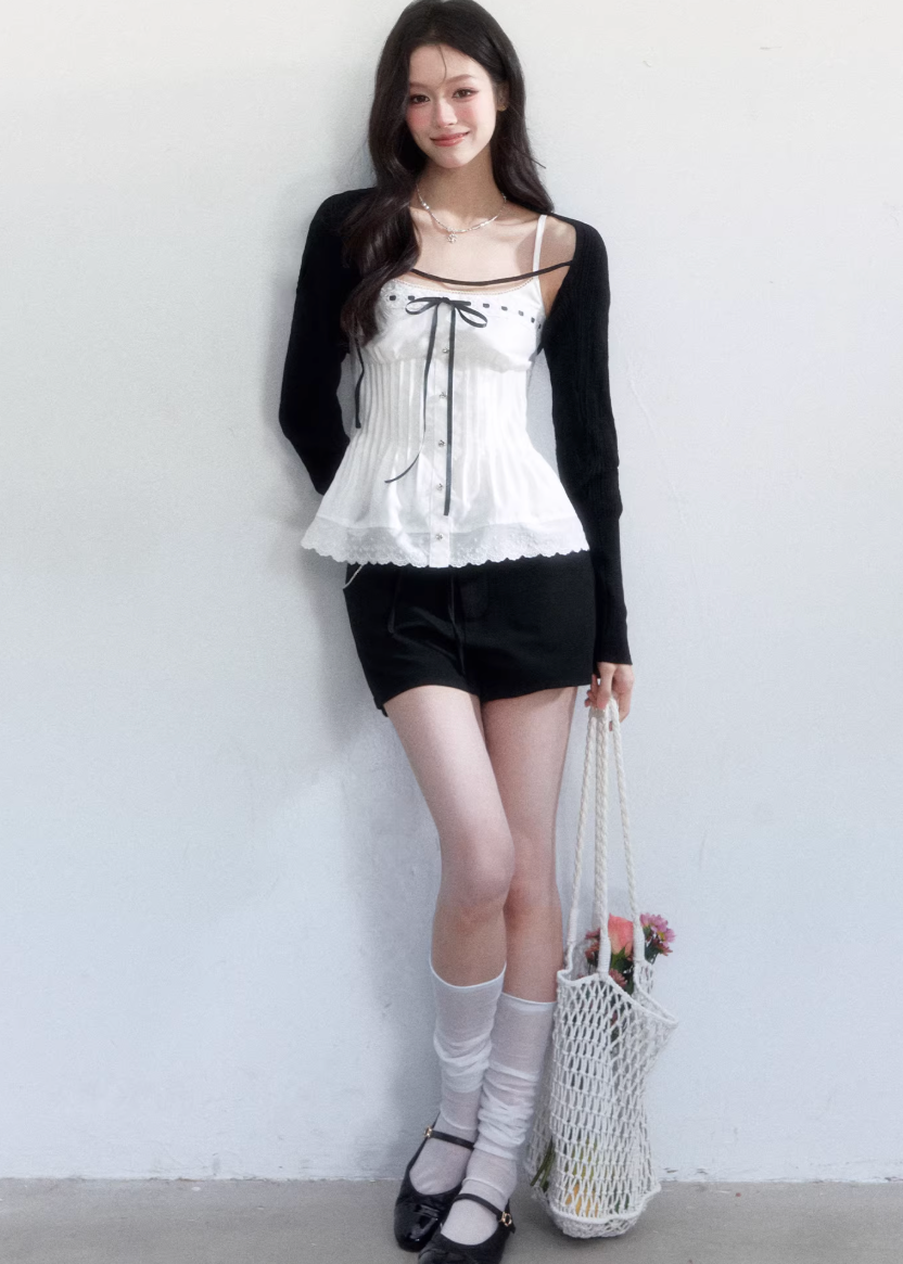 spring brunch outfit, brunch outfit ideas, two piece set women, lace camisole set, korean feminine outfit, coquette outfit, soft girl outfit, layered outfit women, black and white outfit, aesthetic fashion outfit, feminine korean fashion, casual spring outfits women, cute everyday outfit, romantic casual outfit, lightweight summer outfit, stylish two piece outfit, soft aesthetic clothing, date outfit women, trendy korean fashion, delicate feminine outfit

