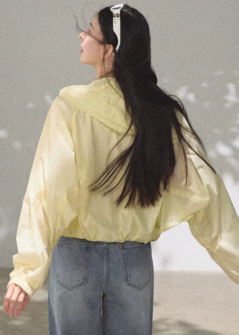 hooded jacket women, sunscreen jacket women, korean fashion outerwear, minimal outfit women, effortless outfit ideas, casual summer outfits, uv protection clothing, lightweight jacket women, modern feminine clothing, parisian style clothing, versatile outerwear women, chic casual outfit, breathable summer jacket, travel outfit women, relaxed fit jacket women, everyday layering jacket, clean silhouette jacket, simple functional clothing, summer wardrobe jacket, outdoor casual outfit

