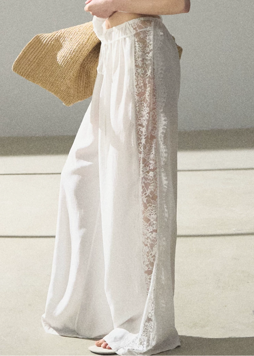 wide leg pants women, lace panel trousers, korean fashion pants, minimal outfit women, effortless outfit ideas, casual summer outfits, lightweight summer pants, modern feminine clothing, parisian style clothing, versatile wide pants, chic everyday outfit, calm luxury fashion, breathable fabric pants, relaxed fit trousers women, natural fabric clothing, elegant casual pants, summer wardrobe bottoms, drape pants women, soft aesthetic outfit, simple elegant clothing

