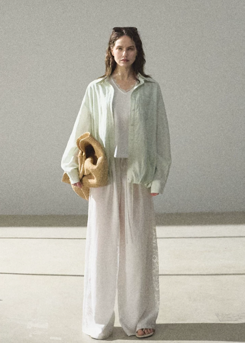 wide leg pants women, lace panel trousers, korean fashion pants, minimal outfit women, effortless outfit ideas, casual summer outfits, lightweight summer pants, modern feminine clothing, parisian style clothing, versatile wide pants, chic everyday outfit, calm luxury fashion, breathable fabric pants, relaxed fit trousers women, natural fabric clothing, elegant casual pants, summer wardrobe bottoms, drape pants women, soft aesthetic outfit, simple elegant clothing

