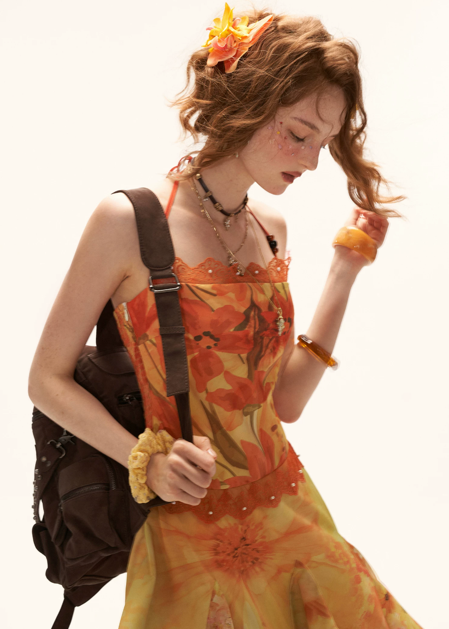 halter dress women, floral midi dress, summer resort dress, beach outfit women, summer outfit ideas, vacation dress women, aesthetic summer dress, boho summer dress, lightweight midi dress, chic summer outfit, flowy dress women, vibrant floral dress, travel outfit women, stylish summer dress, casual beach dress, trendy summer outfit, feminine summer dress, warm tone dress, statement summer dress, holiday outfit women

