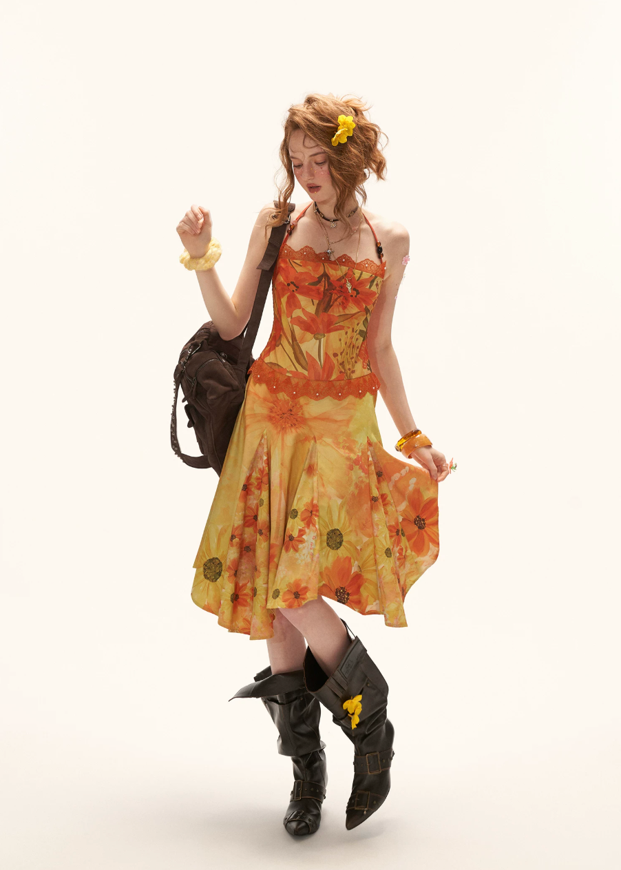 halter dress women, floral midi dress, summer resort dress, beach outfit women, summer outfit ideas, vacation dress women, aesthetic summer dress, boho summer dress, lightweight midi dress, chic summer outfit, flowy dress women, vibrant floral dress, travel outfit women, stylish summer dress, casual beach dress, trendy summer outfit, feminine summer dress, warm tone dress, statement summer dress, holiday outfit women

