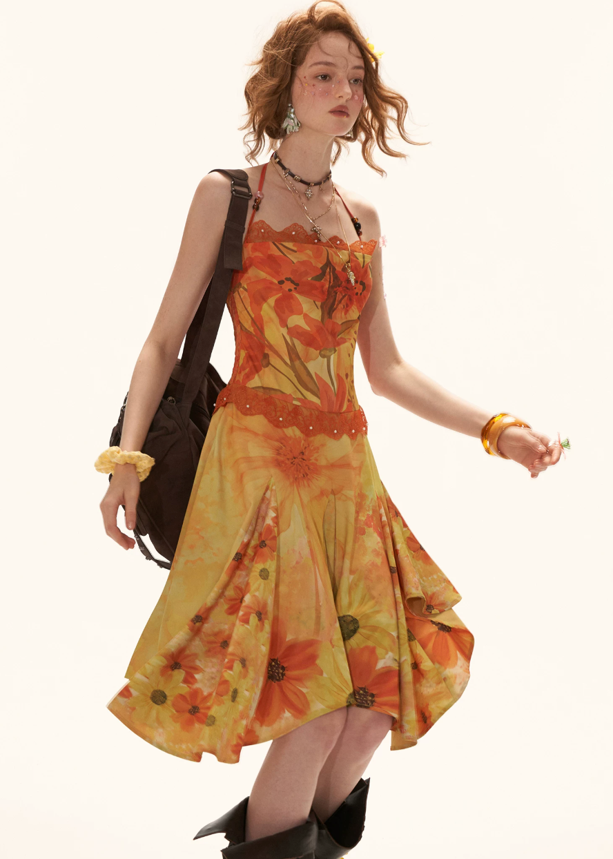 halter dress women, floral midi dress, summer resort dress, beach outfit women, summer outfit ideas, vacation dress women, aesthetic summer dress, boho summer dress, lightweight midi dress, chic summer outfit, flowy dress women, vibrant floral dress, travel outfit women, stylish summer dress, casual beach dress, trendy summer outfit, feminine summer dress, warm tone dress, statement summer dress, holiday outfit women

