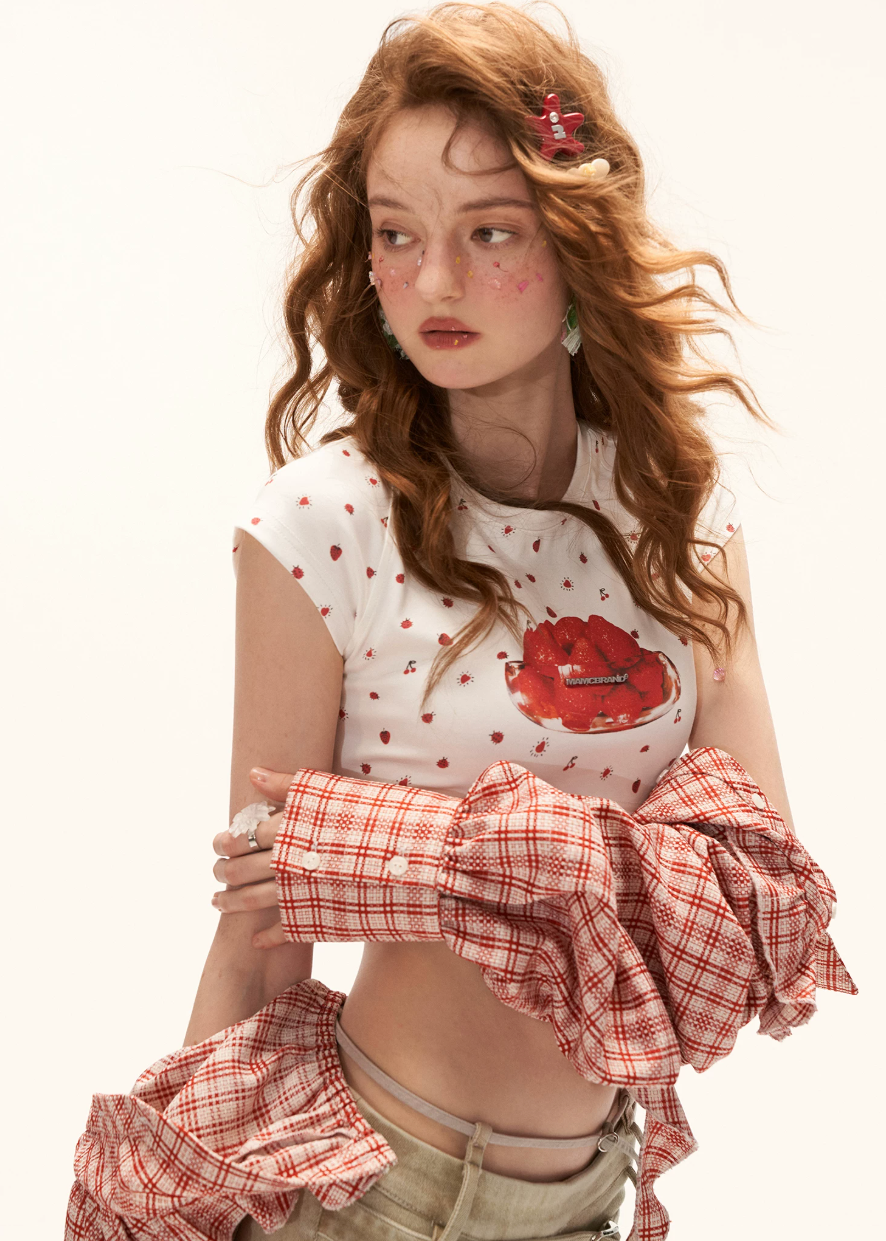 crop t shirt women, graphic tee women, strawberry print top, korean fashion top, summer outfit ideas, casual outfit women, baby tee women, aesthetic outfit women, y2k outfit top, cute summer top, slim fit crop top, trendy graphic tee, street style outfit, playful fashion top, everyday casual top, fashion forward top, summer streetwear women, retro style tee, statement crop top, fun summer outfit