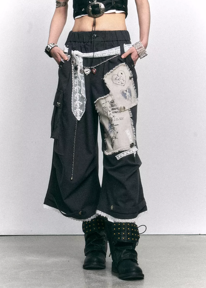 wide leg cropped pants women, patchwork pants women, distressed trousers women, grunge outfit women, edgy outfit women, street style pants, punk style clothing, y2k edgy outfit, alternative fashion women, deconstructed pants, raw edge trousers, urban streetwear women, lace panel pants, statement pants women, loose fit trousers women, rebellious fashion outfit, underground fashion women, utility style pants, mixed fabric pants, edgy streetwear women
