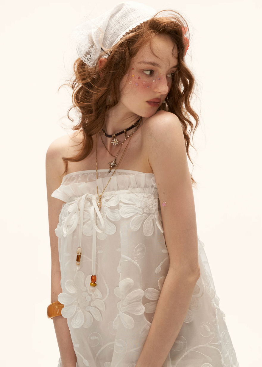 white mini dress women, bandeau dress women, floral textured dress, summer 2026 outfits, korean fashion dress, casual summer dress, aesthetic summer outfit, strapless mini dress, feminine summer dress, lightweight summer dress, cute summer dress, vacation dress women, statement summer dress, flowy mini dress, romantic summer outfit, chic casual dress, layered mini dress, trendy summer outfit, elegant summer dress, white summer dress